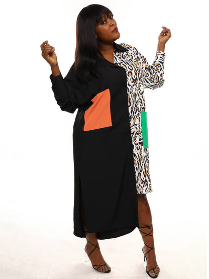 Oversize Irregular Leopard Print Patchwork Shirt Dress