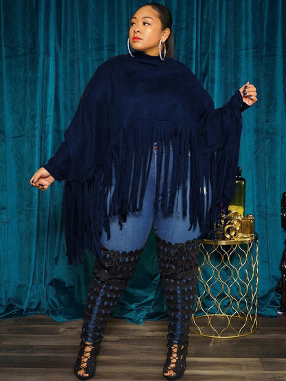 Tops tipo ponchos con borlas y cremallera con manga de murciélago