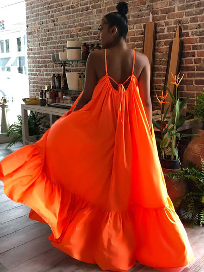 Vestidos largos con vuelo en la playa con volantes y tirantes finos de talla grande