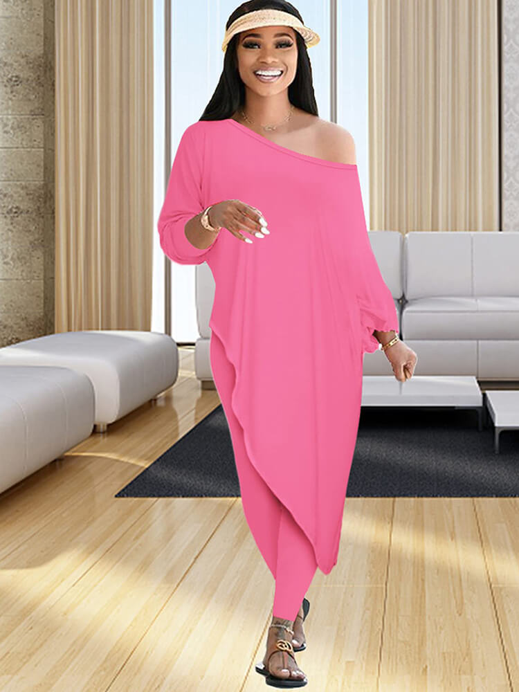 Pantalones largos de dos piezas con un hombro y talla grande