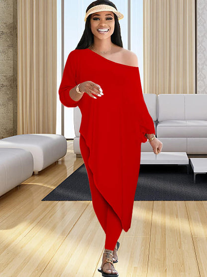 Pantalones largos de dos piezas con un hombro y talla grande