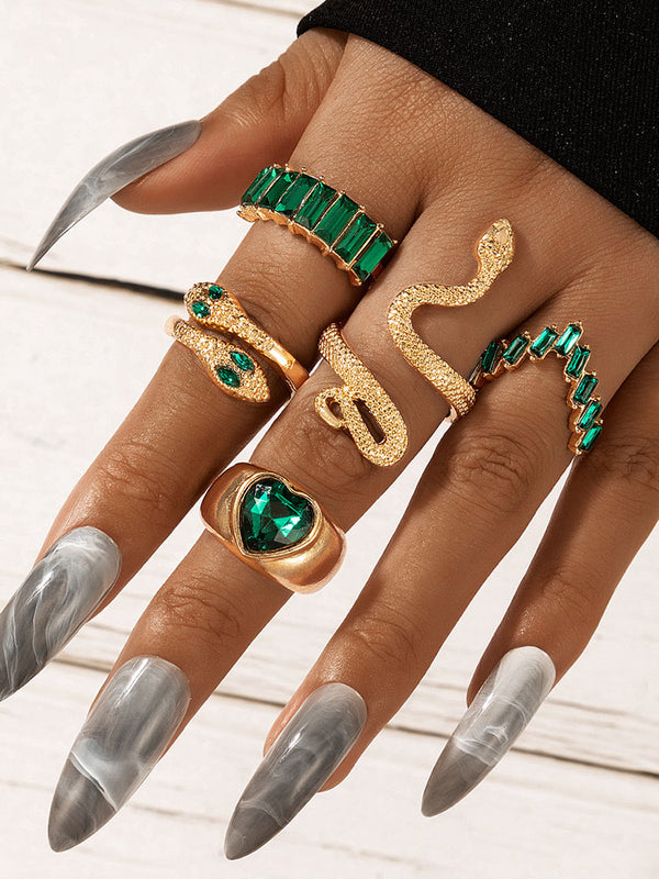Serpent Imitation Emeralds and Diamonds Ring Sets