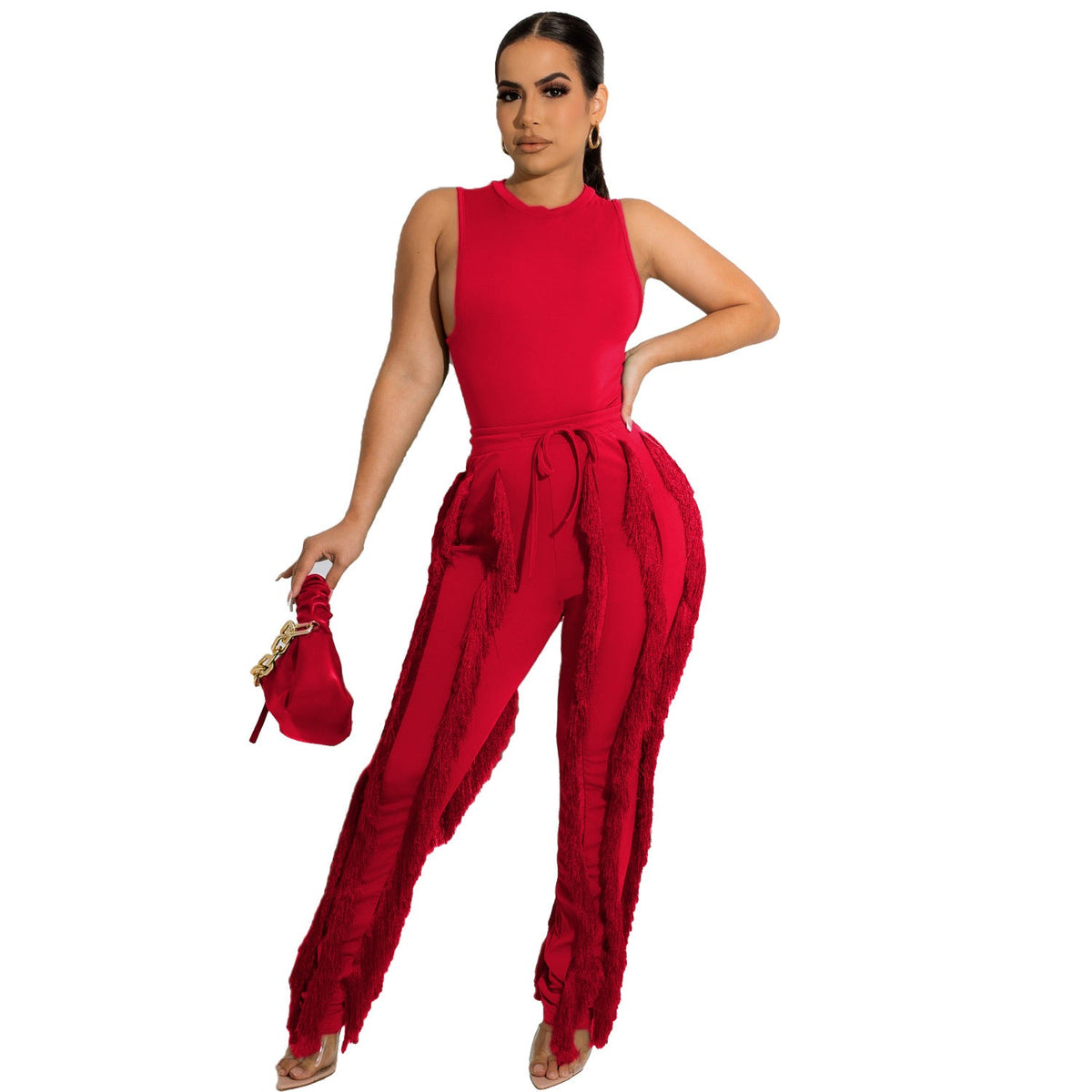 Tops sin mangas de dos piezas y pantalones con borlas