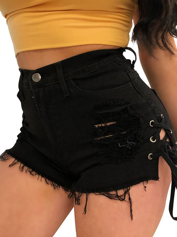 High Waist Ripped Lace Up Tassel Shorts