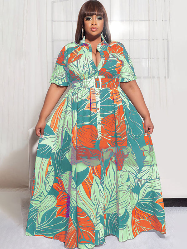 Plus Size Short Sleeves Leaf Print Maxi Dresses