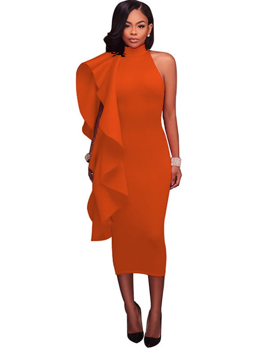 Vestidos midi con volantes y sin mangas con cuello simulado