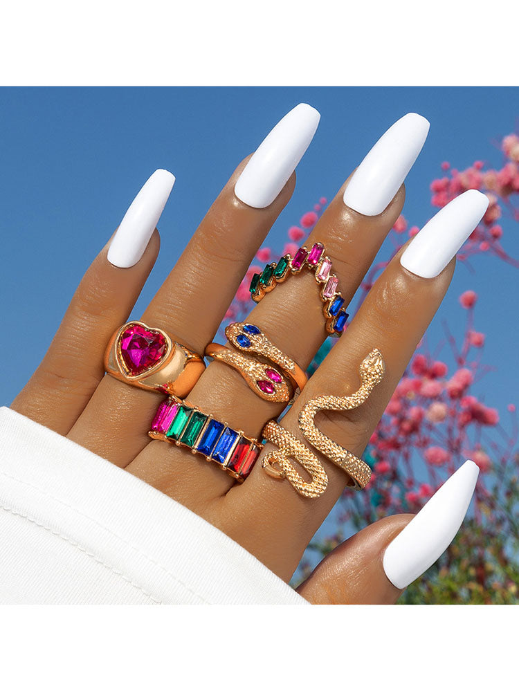 Conjuntos de anillos de diamantes y esmeraldas de imitación de serpiente