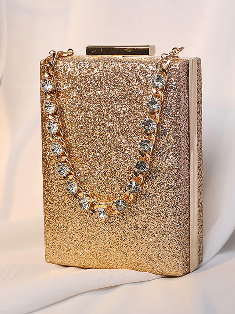 Bolso cuboide con cadena y purpurina de diamantes de imitación