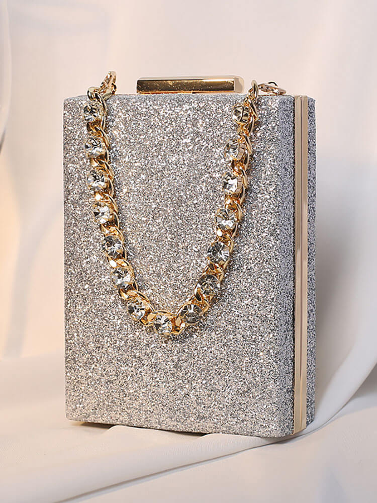 Bolso cuboide con cadena y purpurina de diamantes de imitación