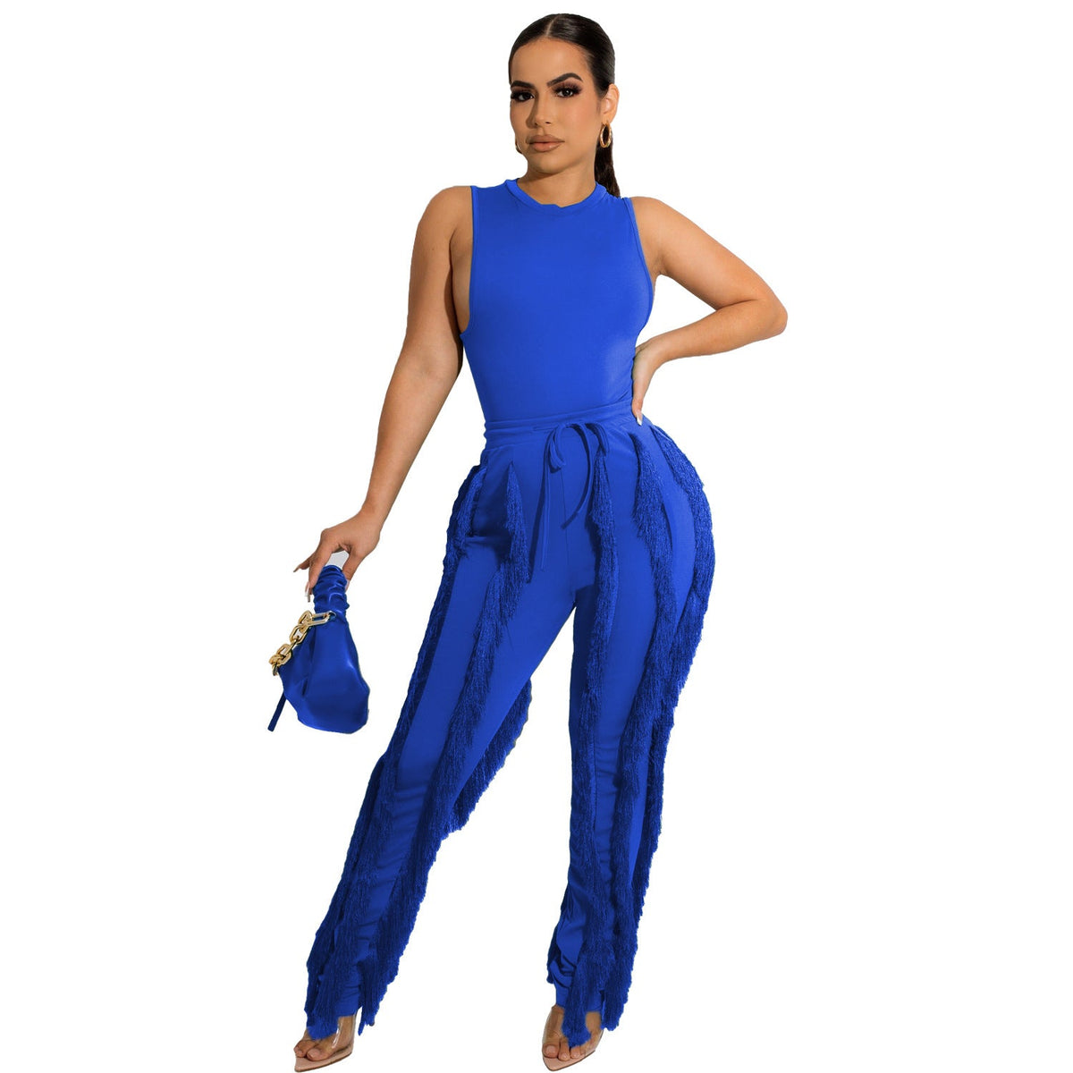 Tops sin mangas de dos piezas y pantalones con borlas