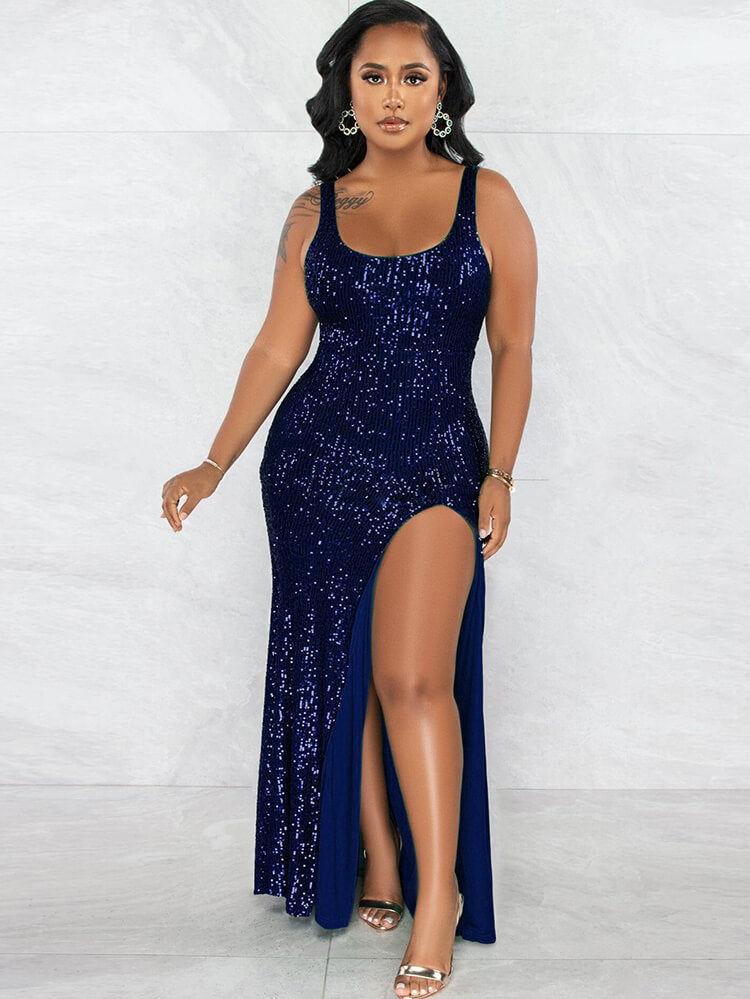 Sequin Patchwork Sleevelesss Split Bodycon Maxi Dresses
