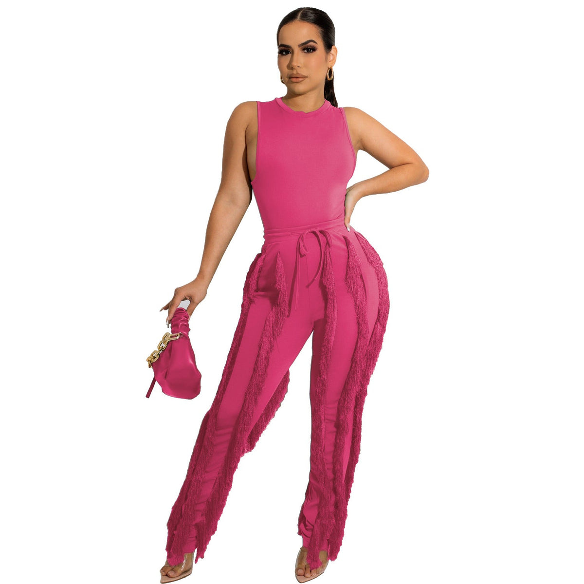 Tops sin mangas de dos piezas y pantalones con borlas