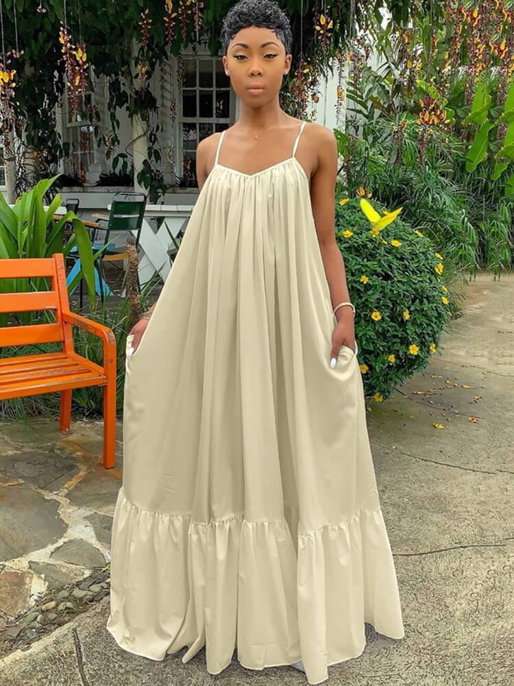 Vestidos largos con vuelo en la playa con volantes y tirantes finos de talla grande