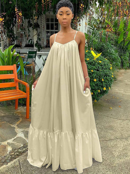 Vestidos largos con vuelo en la playa con volantes y tirantes finos de talla grande