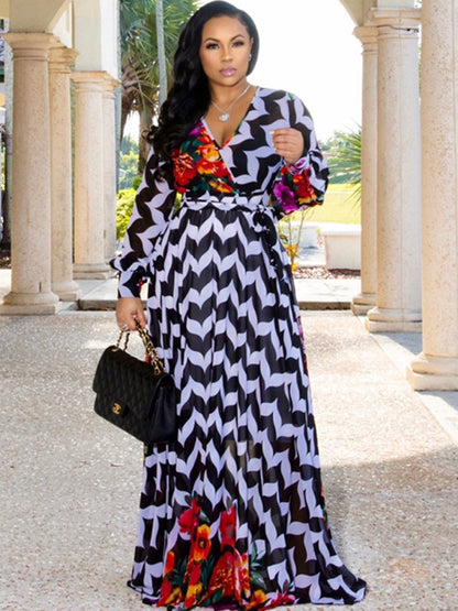 Vestidos largos bohemios cruzados con cuello en V y estampado floral de gasa