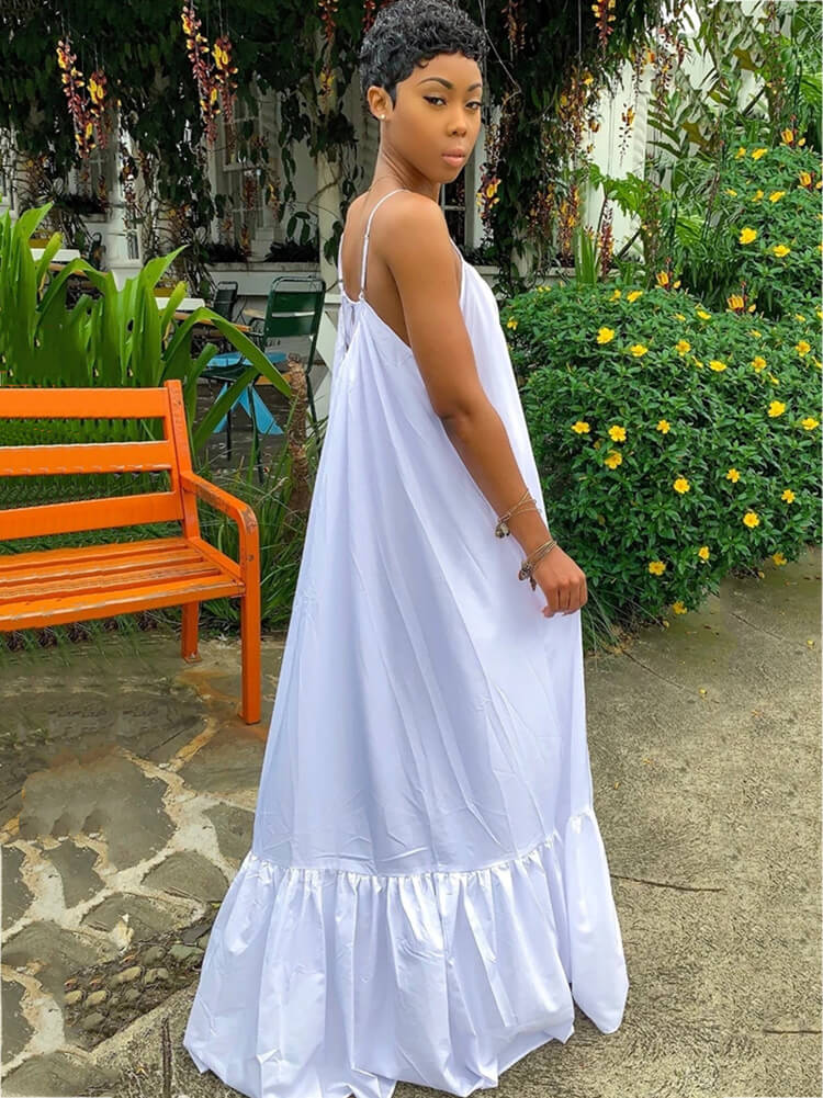 Vestidos largos con vuelo en la playa con volantes y tirantes finos de talla grande