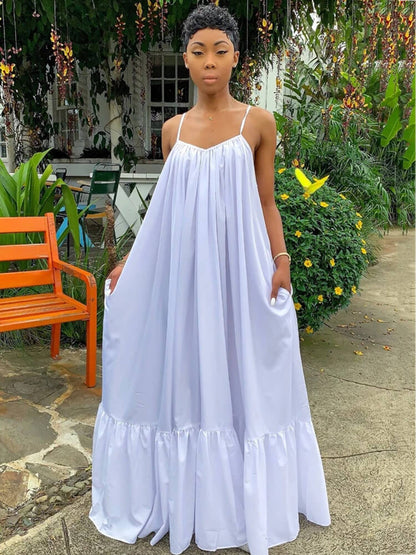 Vestidos largos con vuelo en la playa con volantes y tirantes finos de talla grande