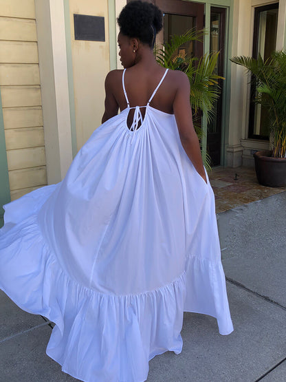 Vestidos largos con vuelo en la playa con volantes y tirantes finos de talla grande