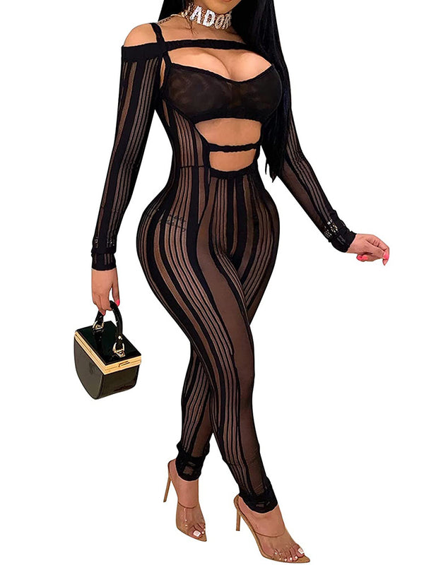 Mesh Cut Out Criss Cross Bodycon Jumpsuits