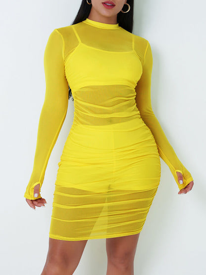 3 piezas Vestidos ajustados de malla transparente fruncidos de manga larga 