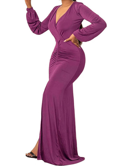Vestido largo fruncido de manga larga con cuello en V profundo