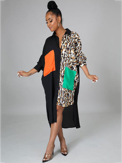 Oversize Irregular Leopard Print Patchwork Shirt Dress