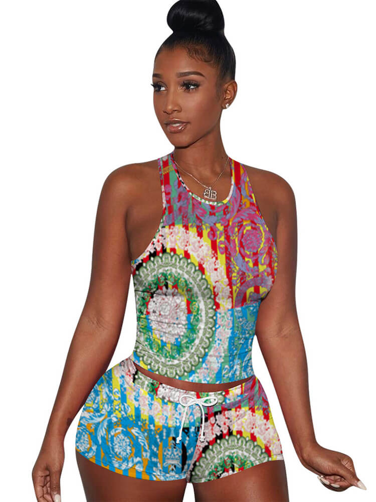 Conjuntos de pantalones cortos de dibujos animados de teñido anudado colorido de dos piezas