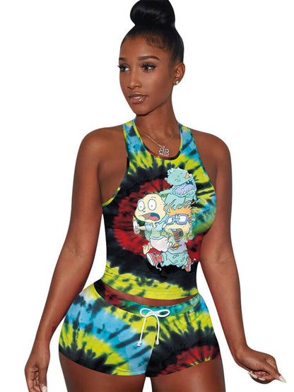 Conjuntos de pantalones cortos de dibujos animados de teñido anudado colorido de dos piezas