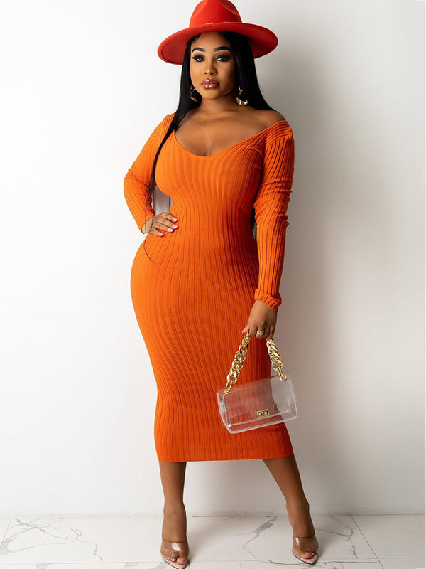 Ribbed Knit Solid Color Long Sleeve Bodycon Dresses