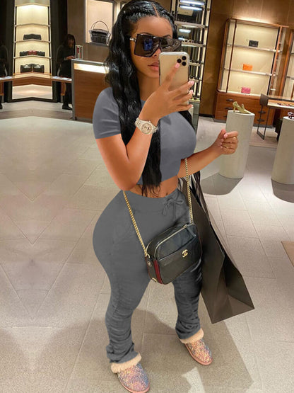 Tops de manga corta de dos piezas de color sólido + pantalones largos