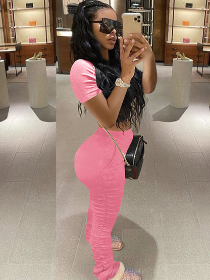 Tops de manga corta de dos piezas de color sólido + pantalones largos