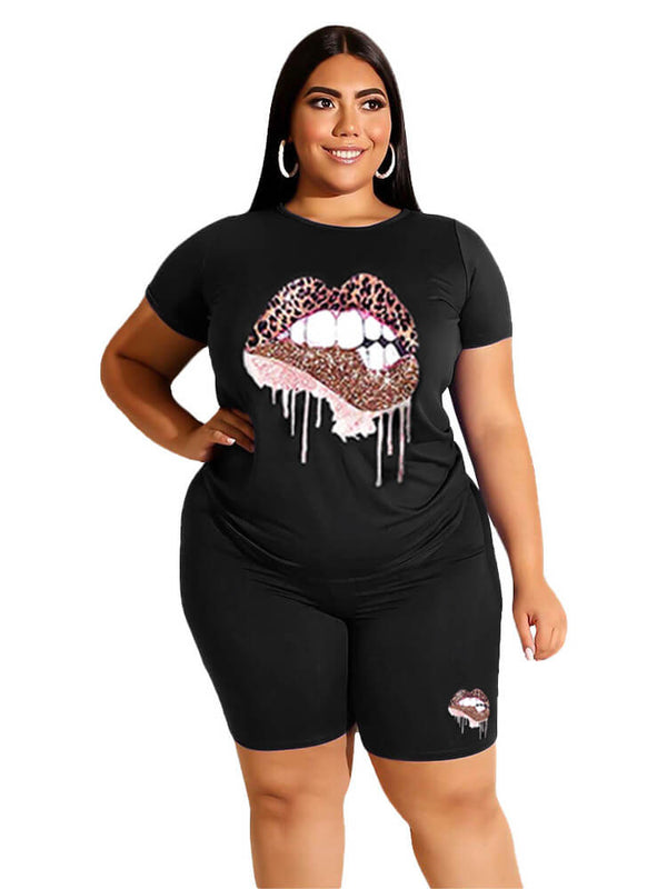Plus Size Two Piece Short Sleeve Tops+Shorts Sets