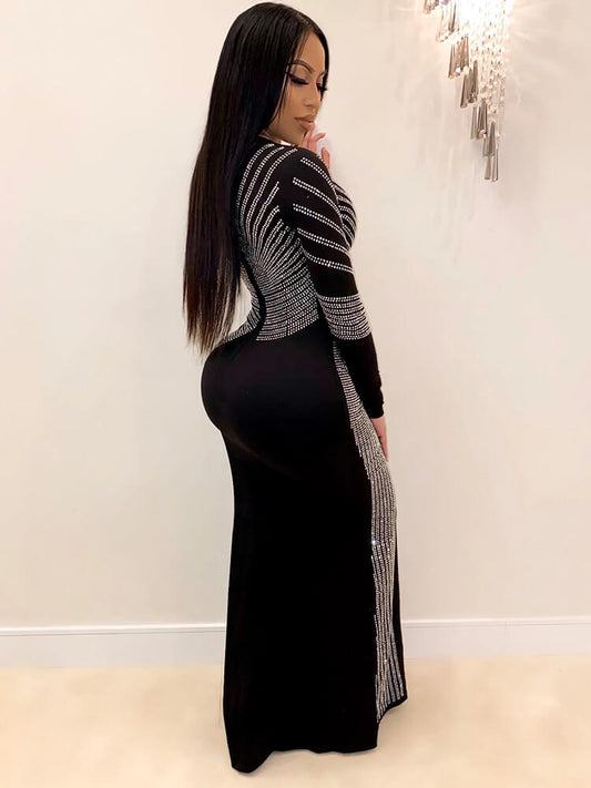 Long Sleeve Hot Drilling Sequins High Split Maxi Dress