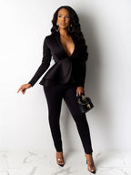 Two Piece Ruffled Blazer Pants Suit