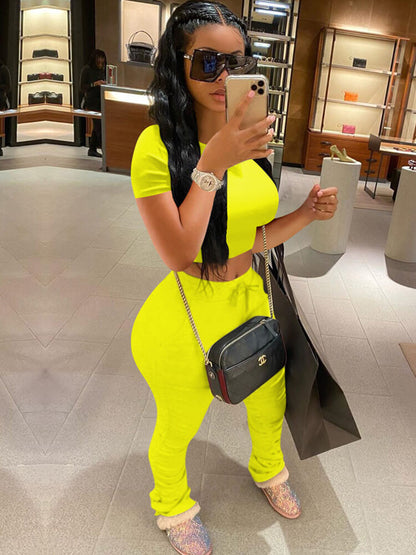 Tops de manga corta de dos piezas de color sólido + pantalones largos