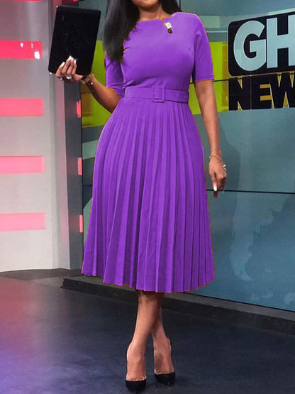 Short Sleeve Solid Color Pleated Midi Dress with Belt