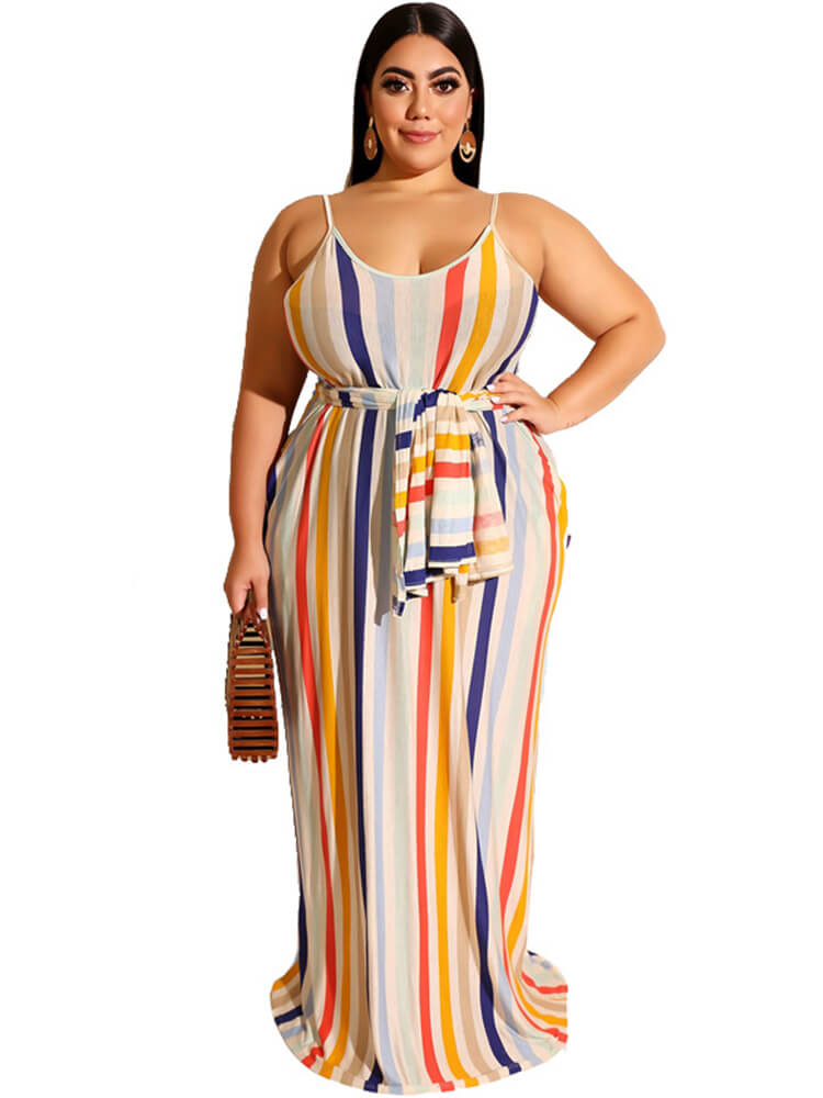 Stripe Print Belt Sundress Maxi Dress