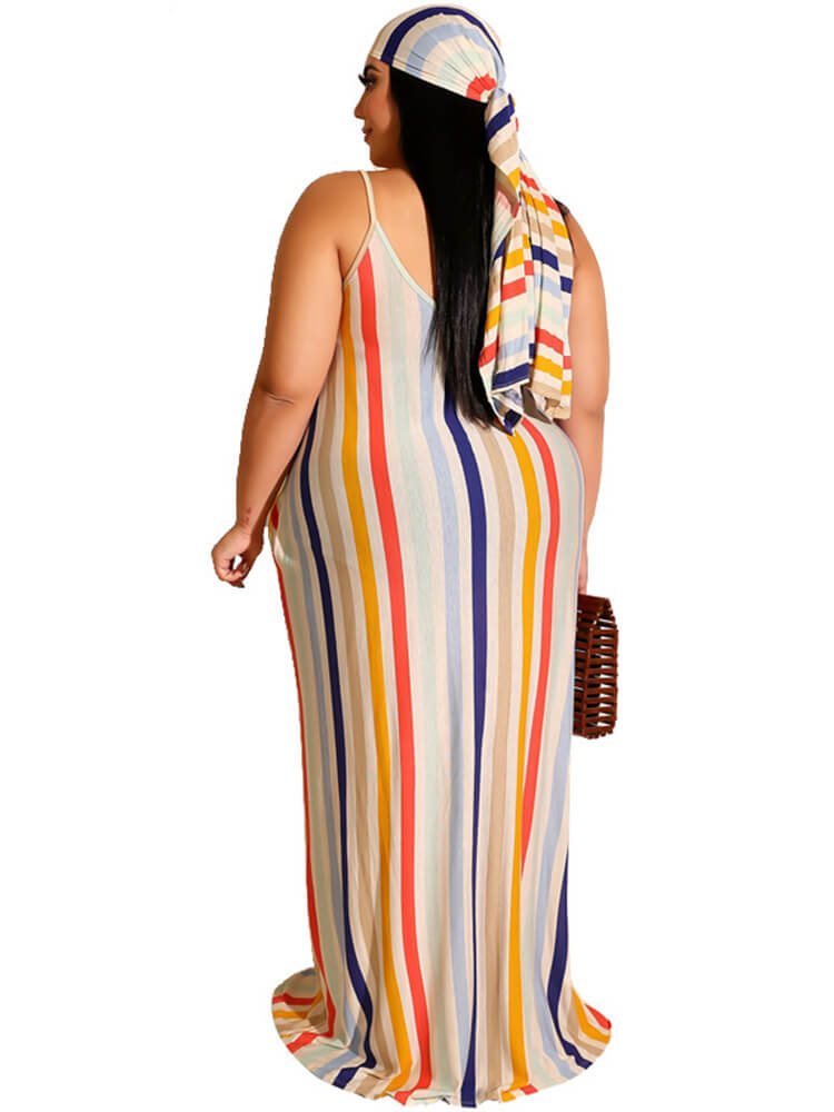 Stripe Print Belt Sundress Maxi Dress