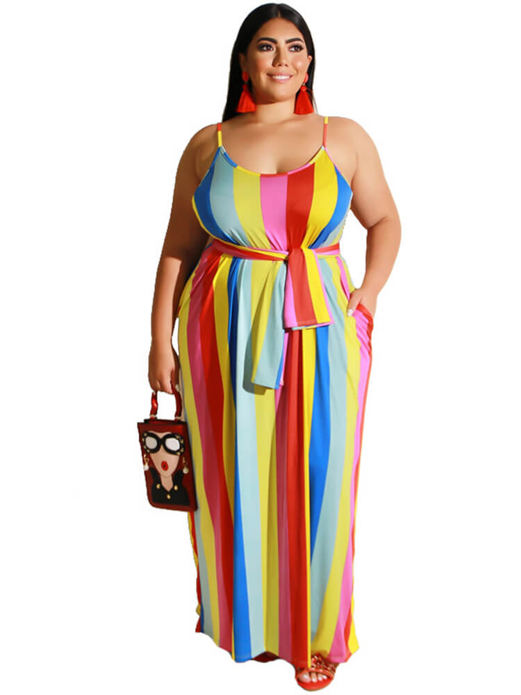 Stripe Print Belt Sundress Maxi Dress