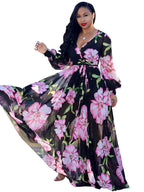 Vestidos largos bohemios cruzados con cuello en V y estampado floral de gasa