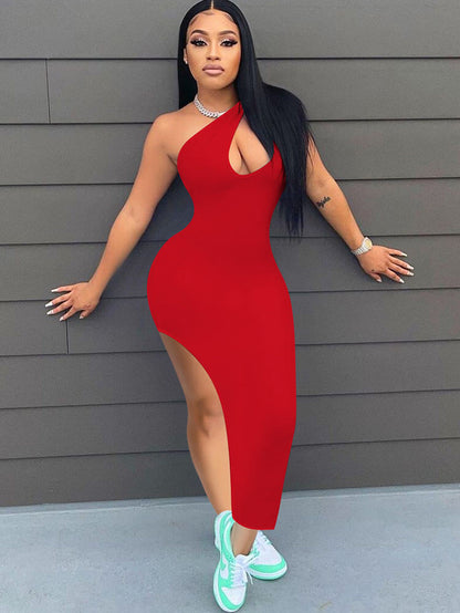 Vestido midi con abertura alta y sin mangas de un hombro