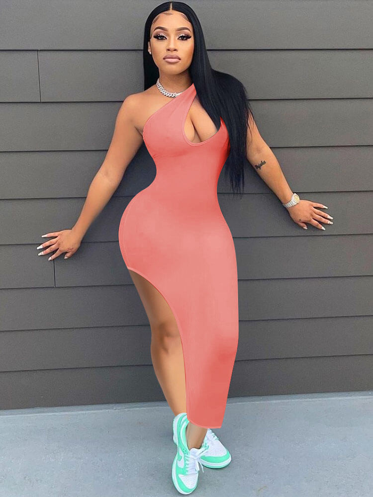 Vestido midi con abertura alta y sin mangas de un hombro