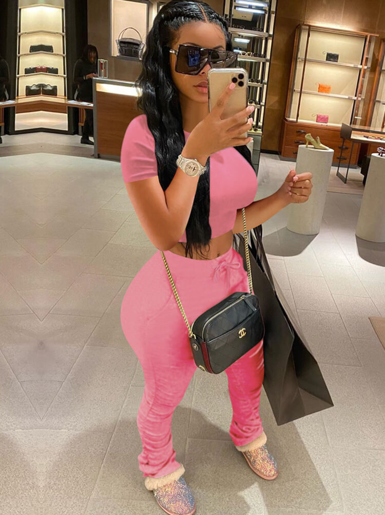 Tops de manga corta de dos piezas de color sólido + pantalones largos