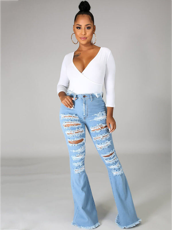 Classic Hole Distressed Flare Bell Bottom Denim Jeans