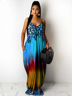 Vestido veraniego con estampado de leopardo degradado bohemio con tirantes finos