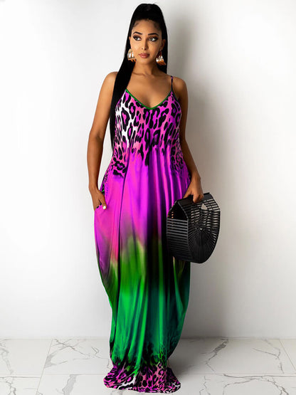 Vestido veraniego con estampado de leopardo degradado bohemio con tirantes finos