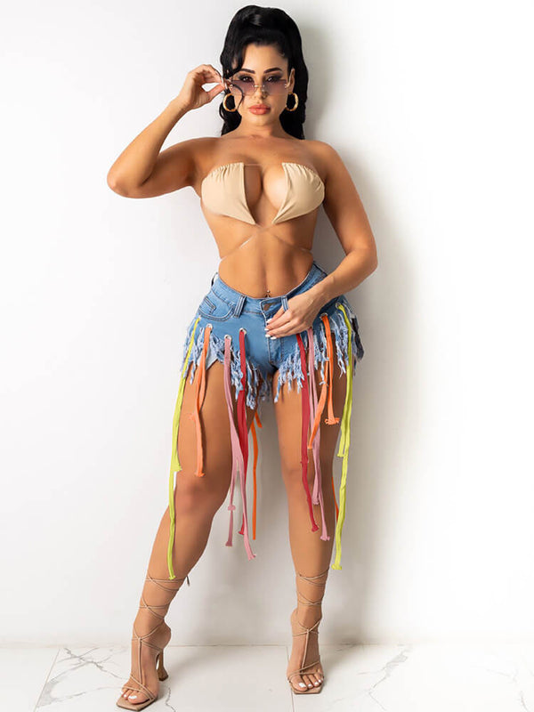 Multicolor Ribbons Ripped Fringed Denim Shorts Jeans
