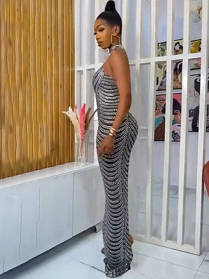 Vestidos largos sin mangas con cuello simulado y espalda descubierta con diamantes de imitación