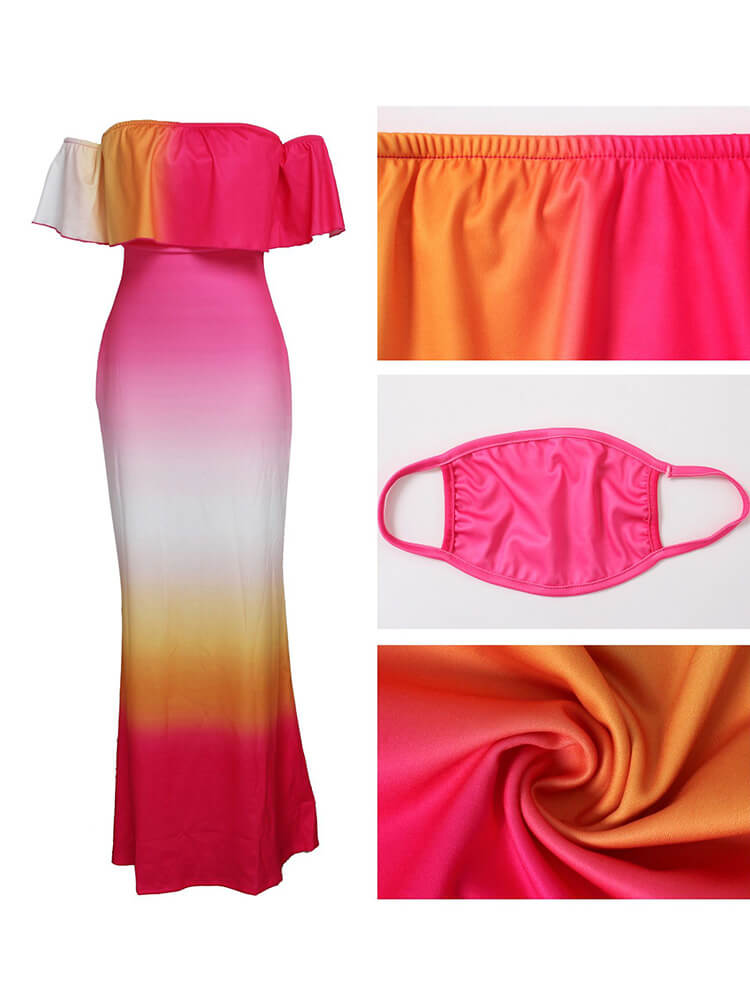 Off Shoulder Gradient Color Ruffle Floral Print Maxi Dress