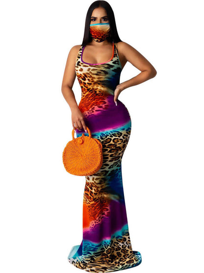 Vestido largo sin mangas con cuello cuadrado y estampado de leopardo Tie Dye 